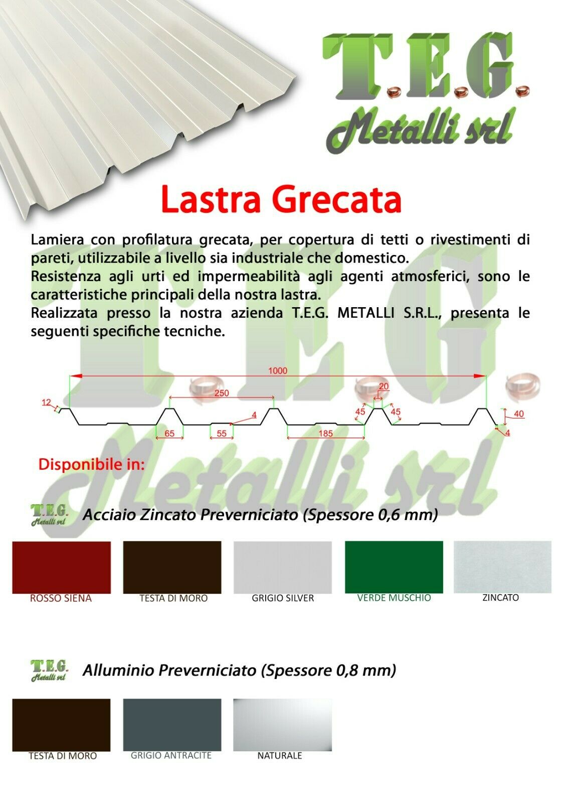 LAMIERE GRECATE IN ACCIAIO 6/10 PER COPERTURA TETTO /PREFABBRICATI  LARGHEZZA 1MT